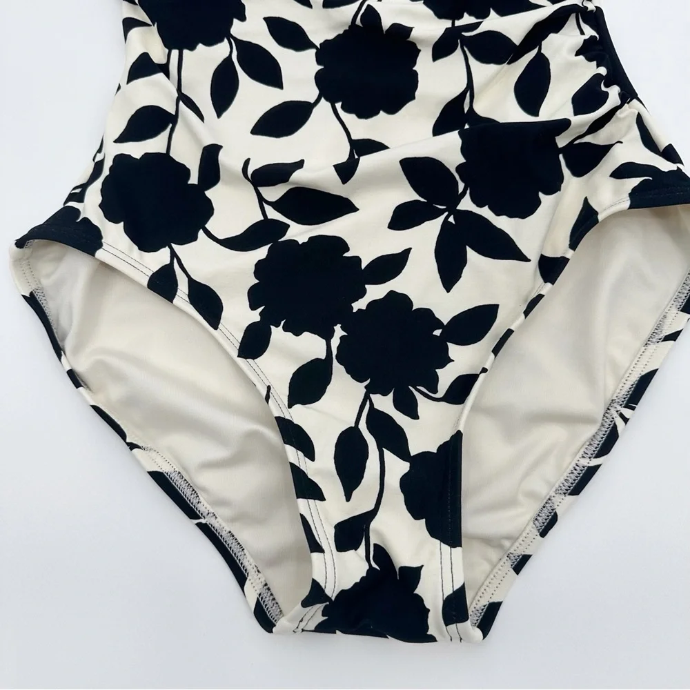 Kate Spade Geranium‎ Grove Buckle One-Shoulder Black Ivory Floral Swimsuit XS